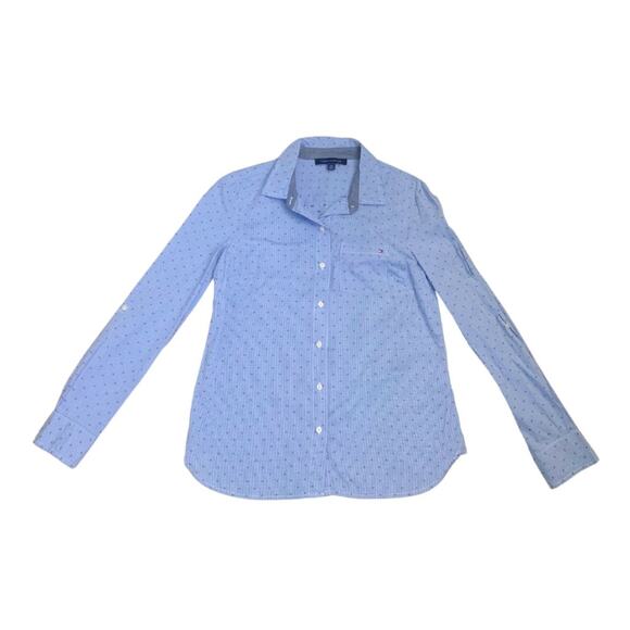 Tommy Hilfiger Blue Red Gingham Print Long Sleeve 3/4 Button Down Shirt Small - Picture 1 of 13